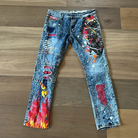 Reason Mens Blue Legend Born Graphic Paint Splatter Patch Straight Jeans Size 36 - Picture 3 of 12
